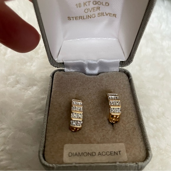 Diamond Accent 18 kt Yellow Gold Over Sterling Silver Pierced Earrings - Picture 5 of 11